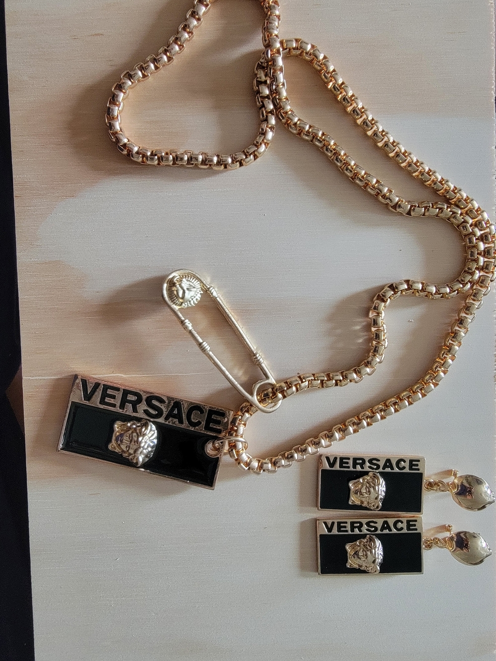 Gold-tone Black Enamel Medusa Safety Pin Necklace and Earrings Set